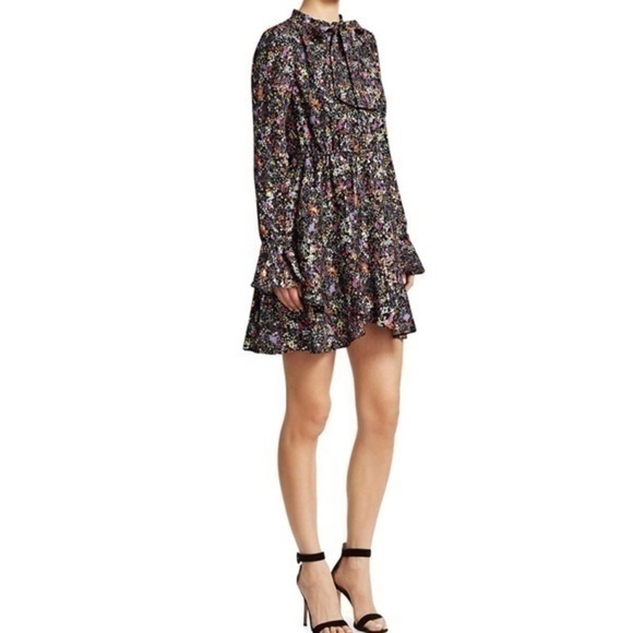 Derek Lam 10 Crosby Floral Silk Tie-Neck Ruffle-Hem  Dress Black Multi 4 NEW - Picture 3 of 15
